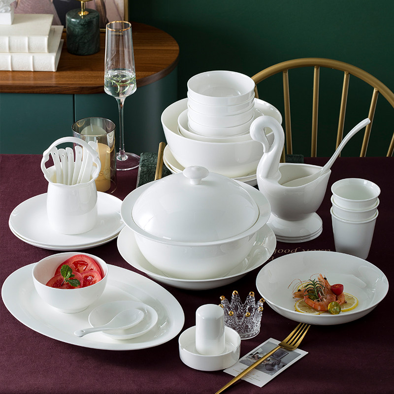 景德镇骨瓷碗碟餐具家用套装纯白饭碗盘子单个自由搭配组合陶瓷碗