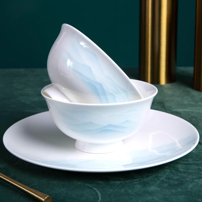 景德镇釉中彩陶瓷饭碗家用骨瓷餐具碗碟套装中式简约碗盘子组合