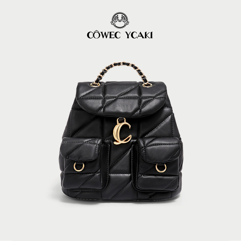 cywe通勤女双肩包百搭黑色链