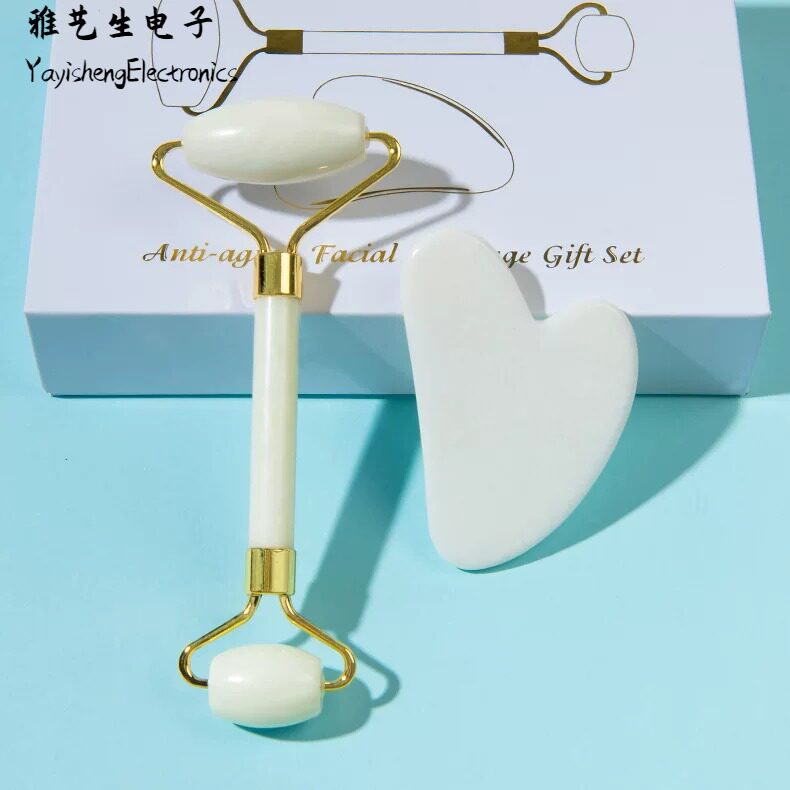 玉石滚轮按摩器岫玉滚轮刮痧板套装美容专用白玉面部美容器