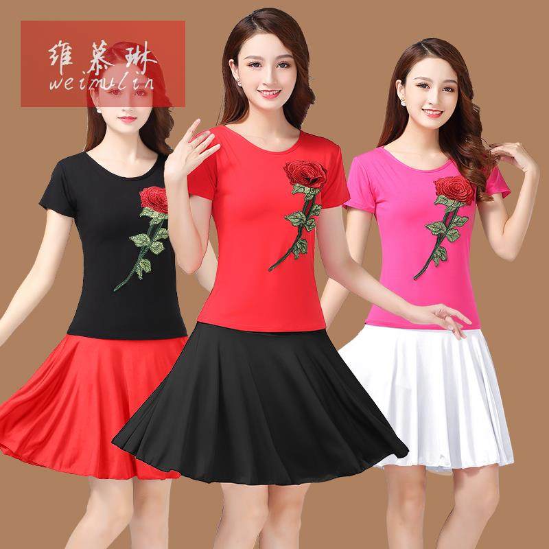 新款中老年广场舞服装套装民族风绣花短袖上衣裙子两件套跳舞衣服