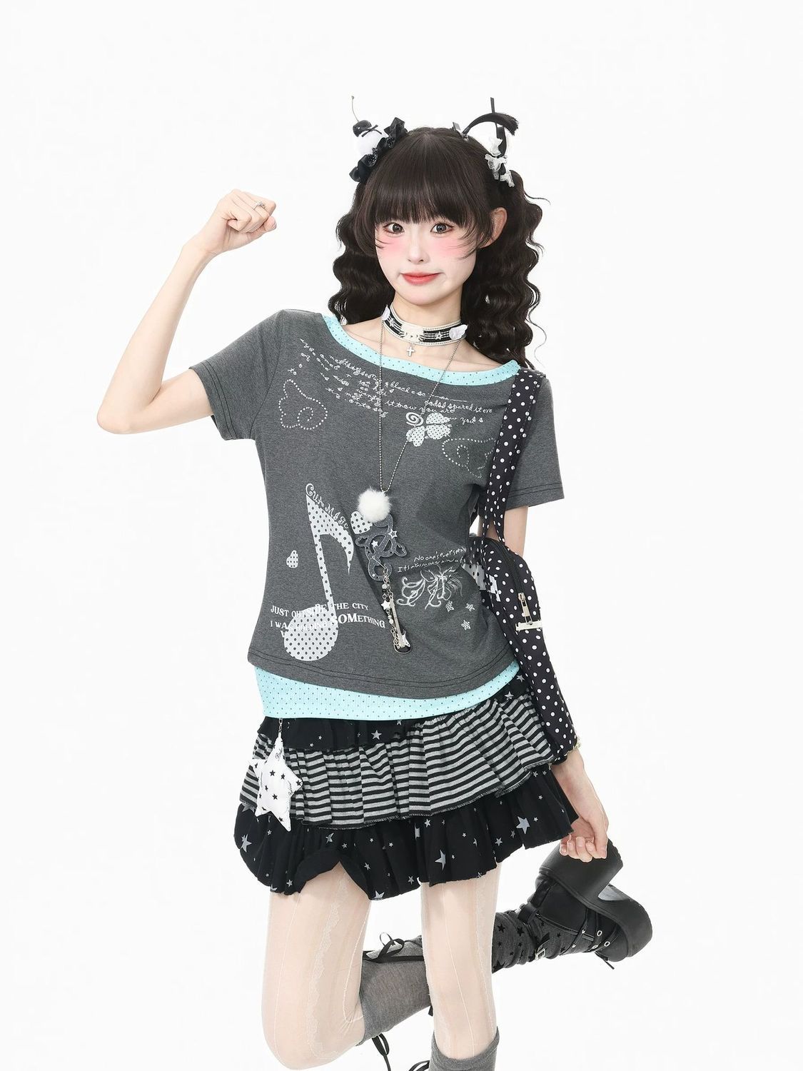 thumbnail for Asian cultural holiday two-piece polka dot print shoulder short-sleeve T-shirt for women, slim cropped top, hot girl Y2K outfit