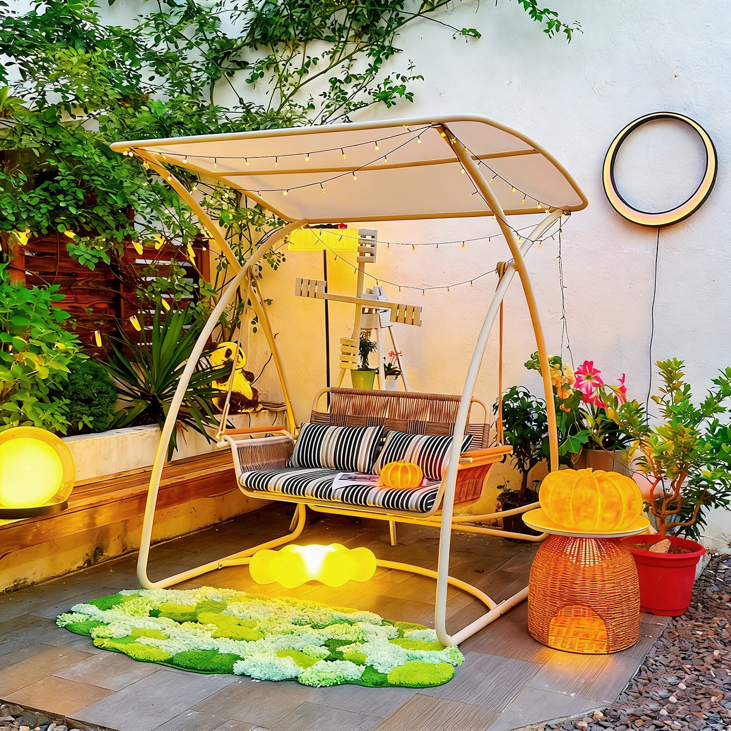 户外秋千庭院家具藤编双人露台摇椅阳台花园实木扶手室外小院吊椅