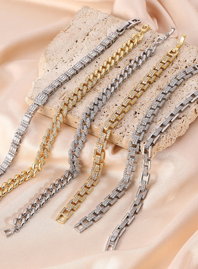 新款欧美时尚古巴链满锆石轻奢百