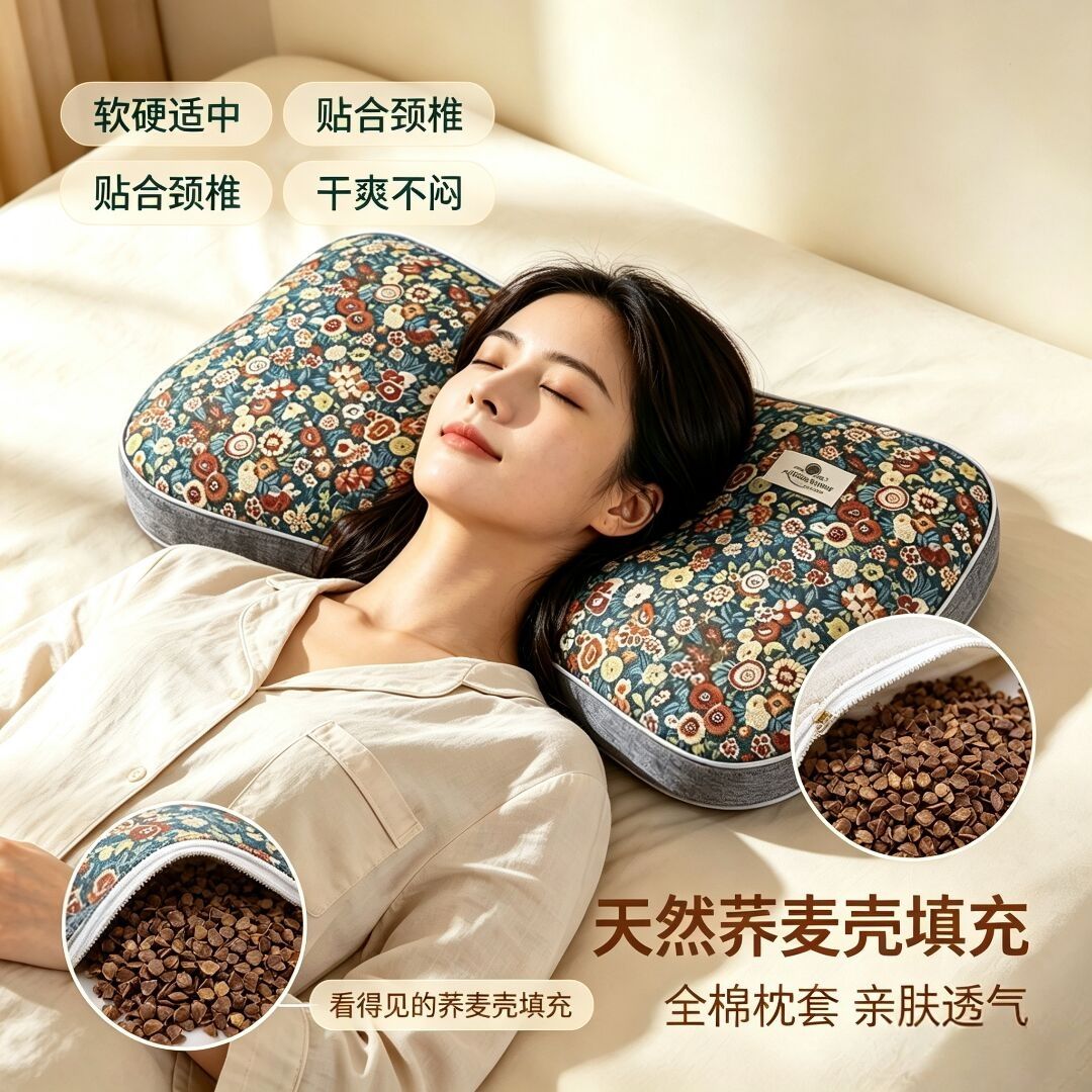 老式荞麦皮枕头纯棉粗布枕套荞麦壳谷壳枕头学生成人护颈椎助睡眠