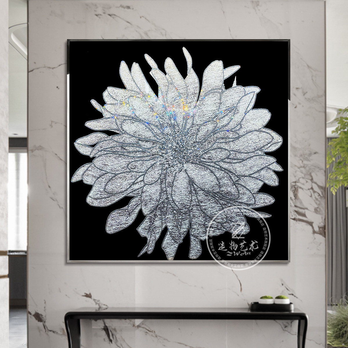 现代轻奢装饰画牡丹花卉镶钻挂画客厅入户玄关过道装置艺术画