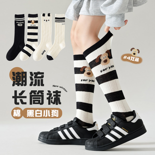 儿童袜子男童秋冬卡通黑白小狗春秋季长筒袜宝宝高筒冬天纯棉长袜