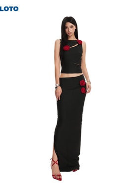 UltrLoto玫瑰花镂空黑色无袖背心上衣开叉包臀半身长裙纯欲套装