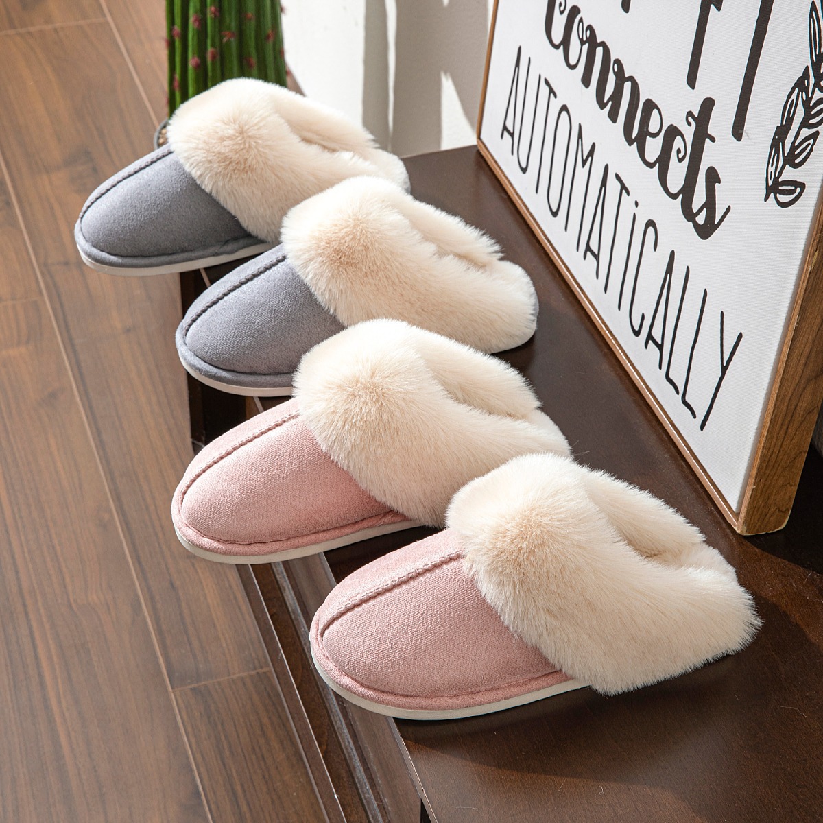 魔芋爽跨境专供新款纯色仿鹿皮绒棉拖鞋女防滑记忆海绵中性秋冬