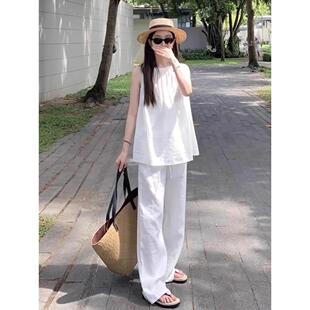 两件套 白色夏款 搭配一整套女装 圆领减龄慵懒风休闲无袖 上衣阔腿裤