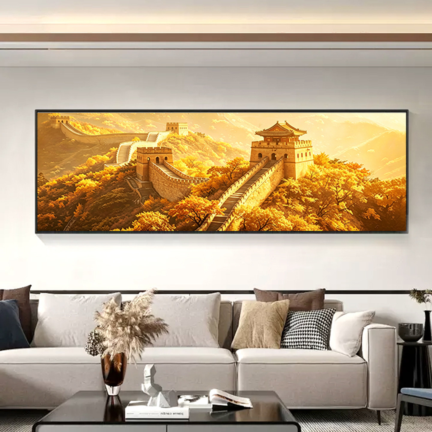 新中式客厅装饰画金色长城高级感沙发背景墙挂画办公室茶室靠山图