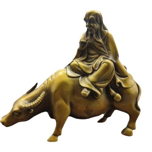 古韵斋仿古做旧老子出关铜器摆件工艺品黄铜老子骑牛老君骑青牛