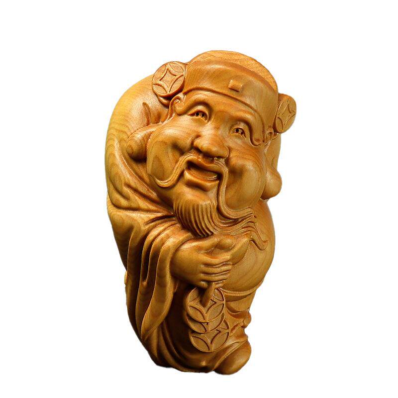 黄杨木雕摆件财神爷家用店铺开业工艺品中式木质雕刻手把件