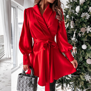 Red long sleeved shirt dress 红色长袖衬衫连衣裙收腰气质短裙