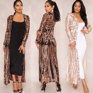 Mesh Coat Women Long Dress Beach Party Sexy Jacket Sequin
