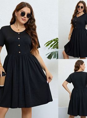 2023 Summer women dress 夏季黑色圆领收腰显瘦连衣裙