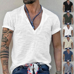 2025欧美夏季男士竹节亨利系扣上衣纯色修身短袖T恤Men's T-Shirt