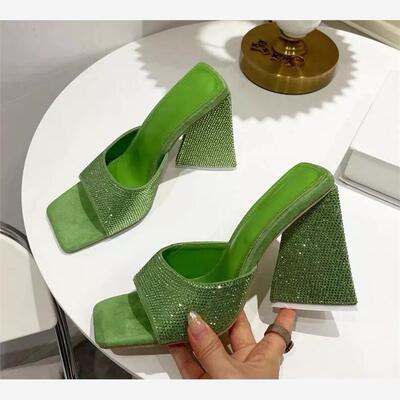 Summer Thick heel Slippers Woman Square toes Party shoes