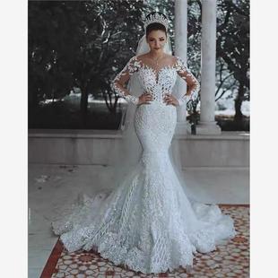 Long Mermaid Sleeve Appliques Gowns Wedding Bridal Dress