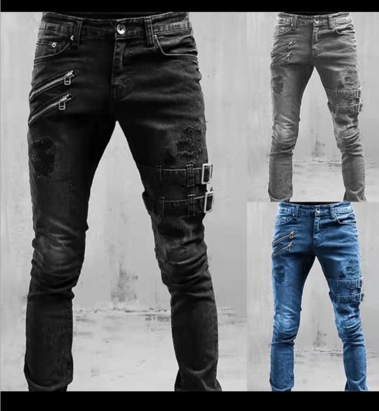外贸男装2023欧美新款机车个性牛仔裤时尚弹力小脚裤Men's jeans