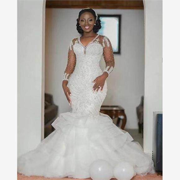 Mermaid wedding gown 非洲婚纱美人鱼一字肩蕾丝鱼尾定做婚纱