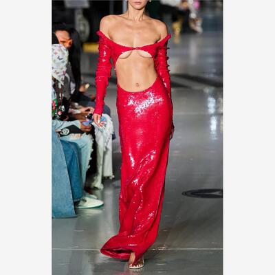 Christmas Sexy Sequin Long Sleeve Skirt, Split Party Dress