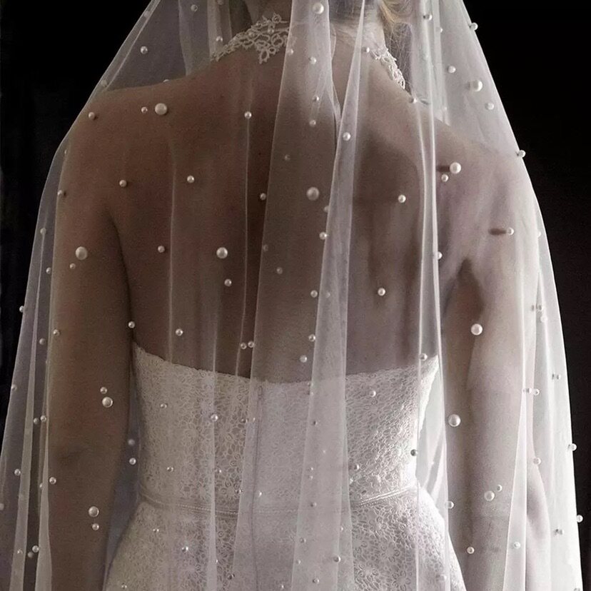 Pearls Long Bridal Wedding Veil with Pearls Beads 3Meters