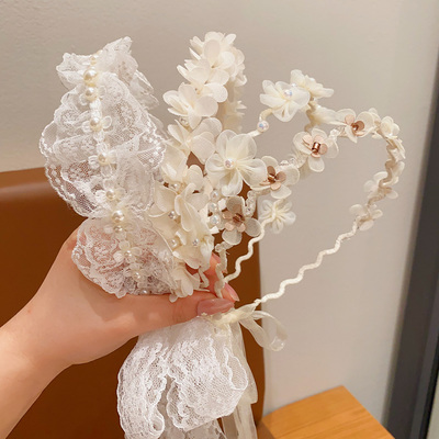 花环头饰儿童珍珠发箍公主编发发带女童森系长飘带头箍小女孩发卡