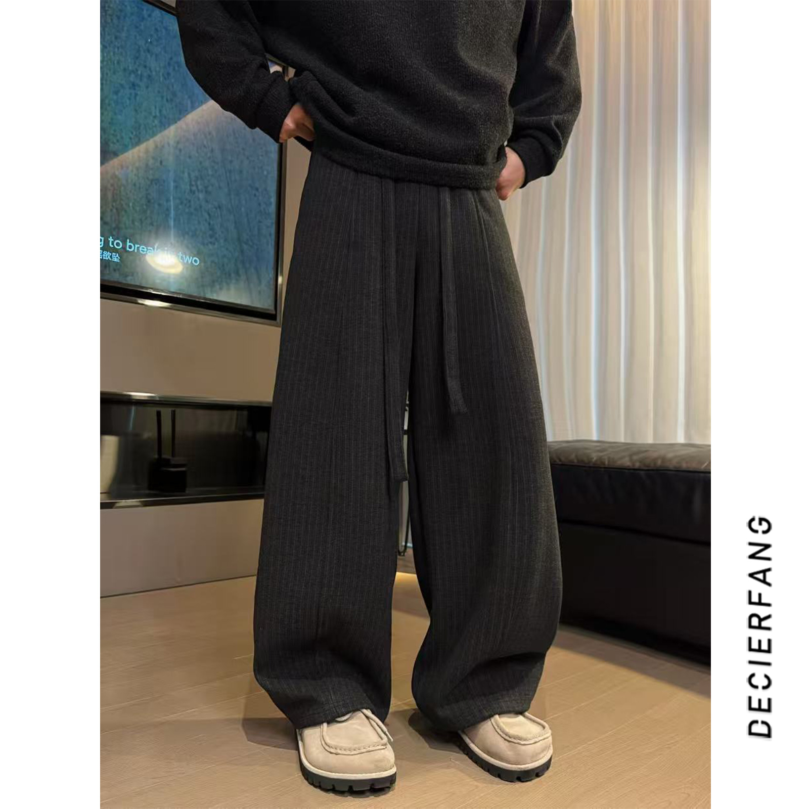 【海胆bother】2025秋冬设计师款竖条纹加绒休闲男潮牌百搭弯刀裤