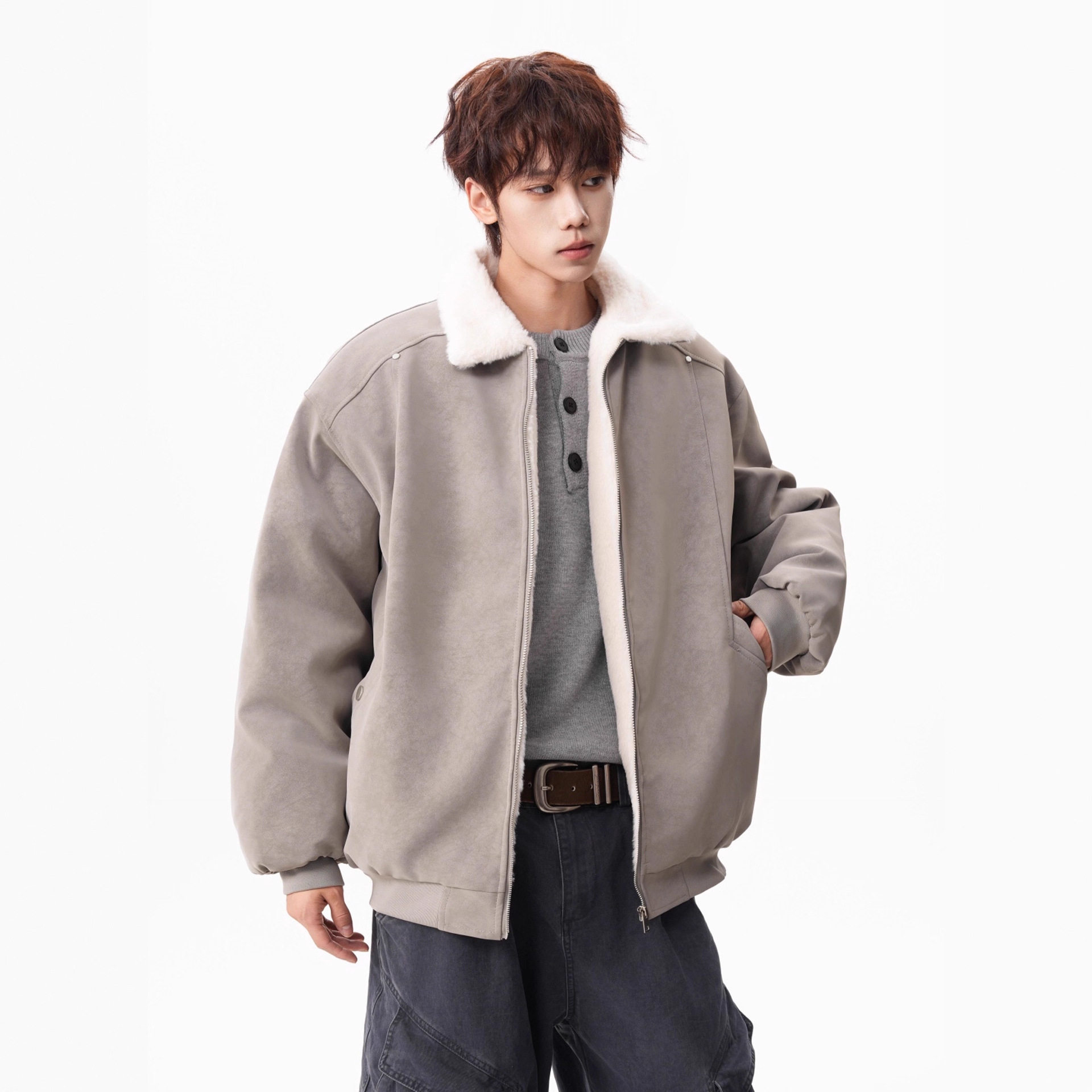 【抖音新款】冬季巴恩风痞帅加厚保暖PU皮工装夹克外套男款