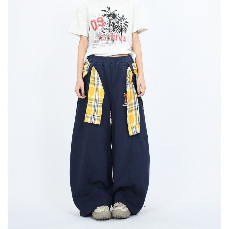 OPUP拼接格子裙摆结构设计卫裤男女美式复古慵懒风拖地伞兵裤男款