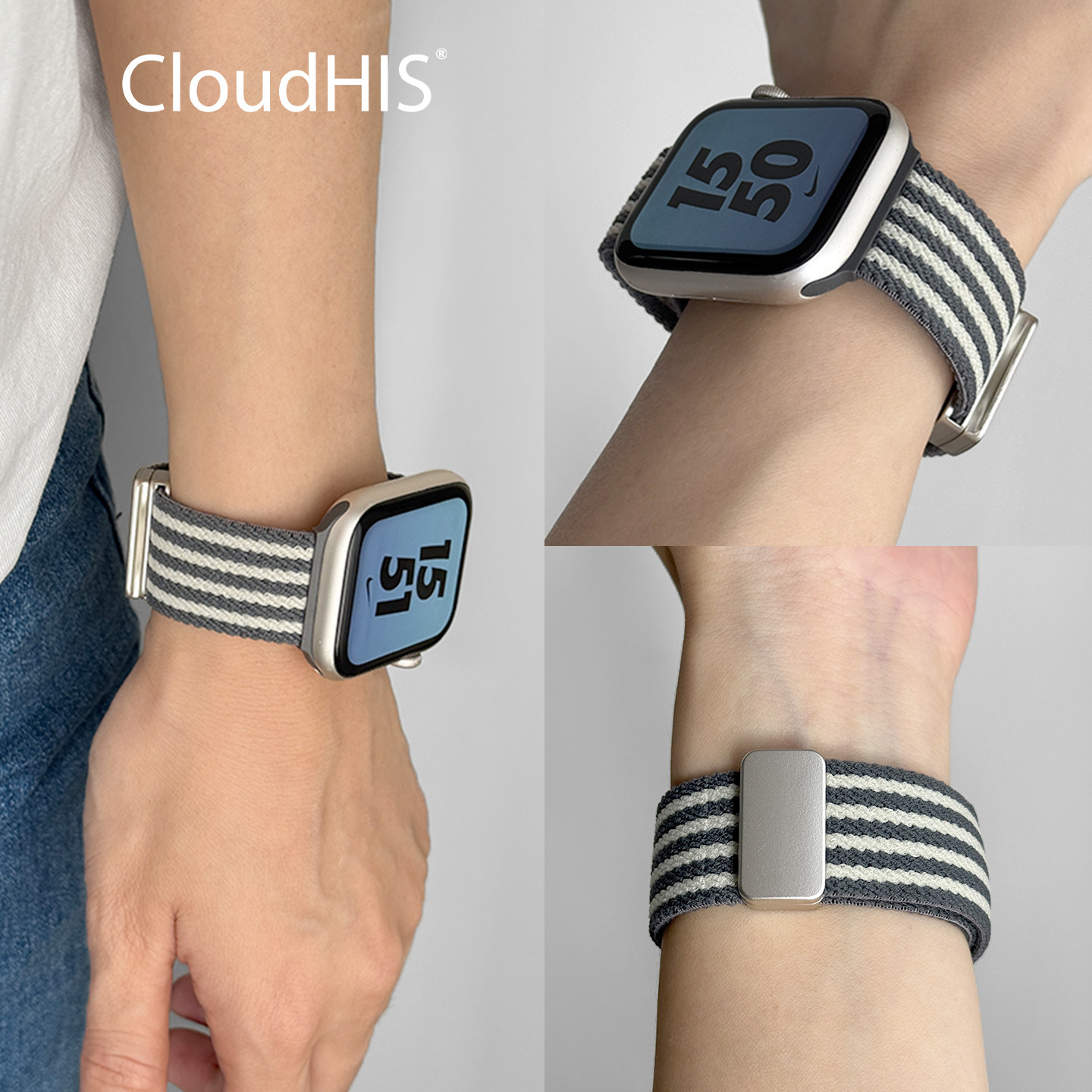 CloudHIS尼龙编织回环磁吸iwatch表带s11适用苹果手表表带applewatch运动腕带s10Ultra3男女5se2代s9腕带s8s6