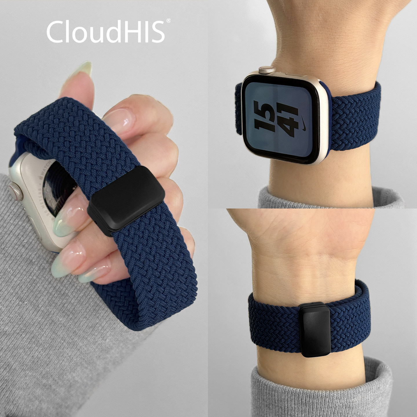 CLOUDHIS适用AppleWatchS10透气弹力尼龙编织磁吸扣表带苹果手表S9运动s11男女生新款iwatchSE手表秋冬Ultra2