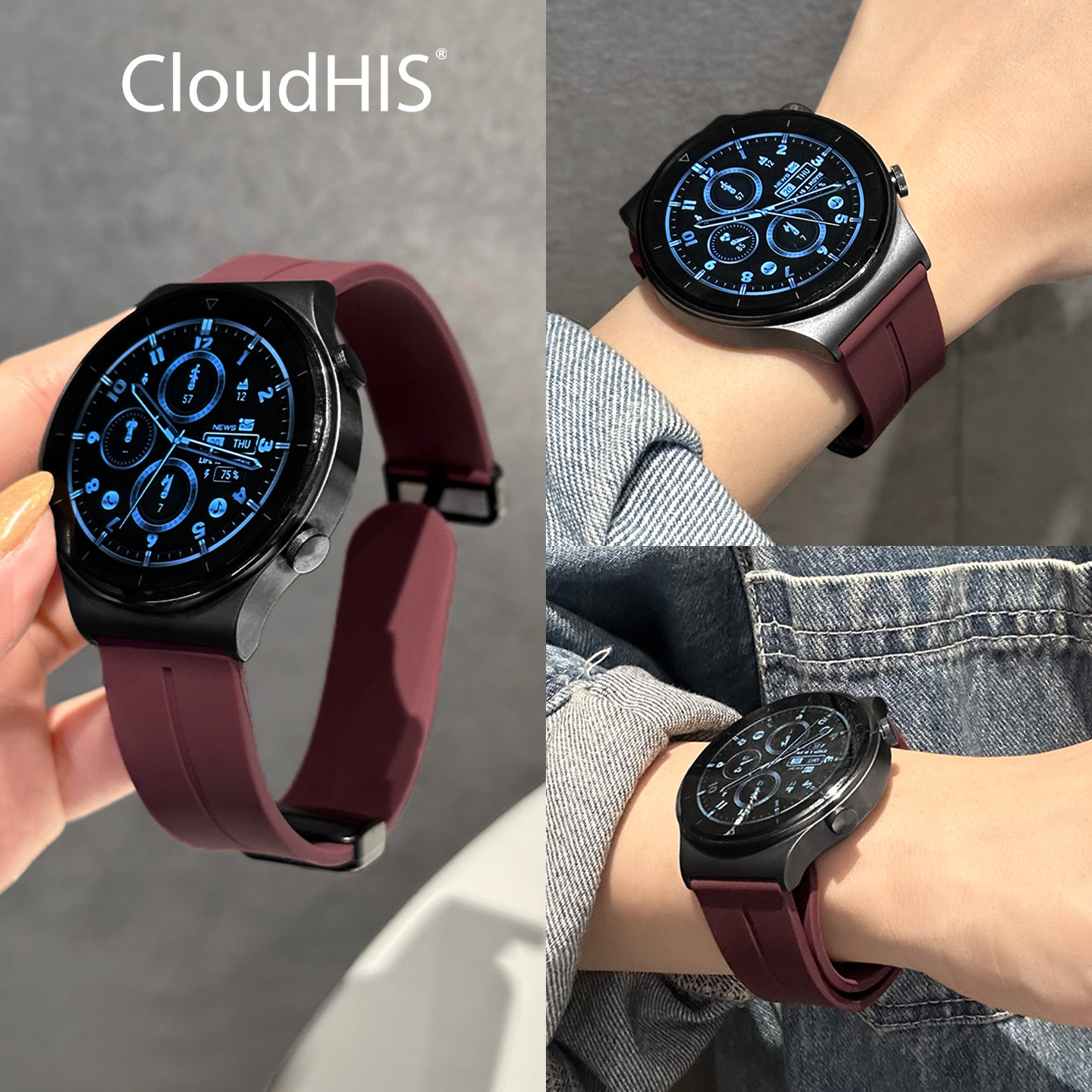 CLOUDHIS适用华为GT5表带watch4pro手表新款硅胶磁吸gt4金属扣GT3pro智能运动GT2春夏季高级透气腕带男女GT6