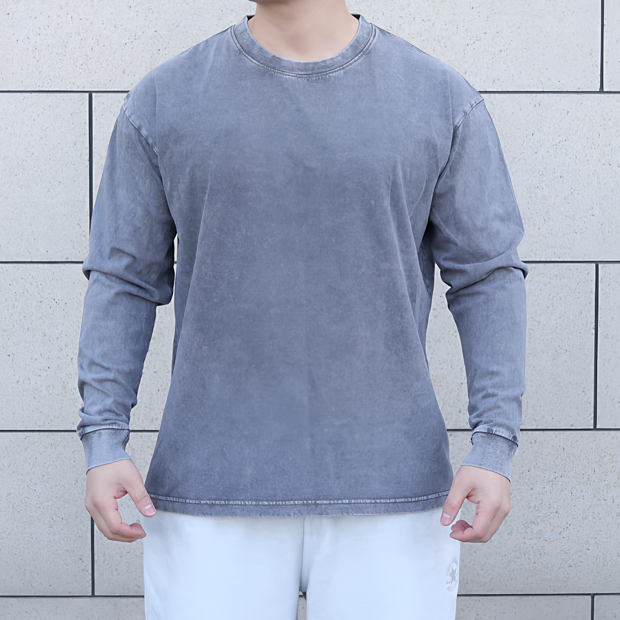 230克做旧复古风纯棉长袖T恤男宽松圆领情侣团体健身训练透气汗衫