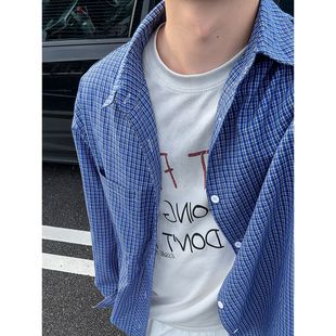 慵懒风蓝色小格子衬衣男女上衣薄款 格子衬衫 外套 长袖 YorkZoom秋季