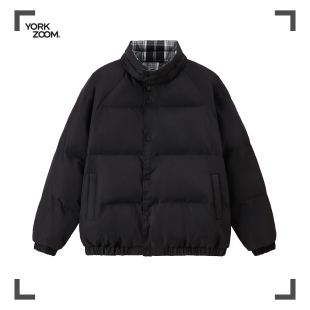 York Zoom秋冬立领两面穿内里格子保暖加厚棉服棉衣外套情侣男