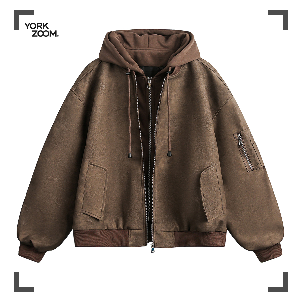 York Zoom春季美式美拉德假两件皮夹克外套复古连帽百搭ins休闲