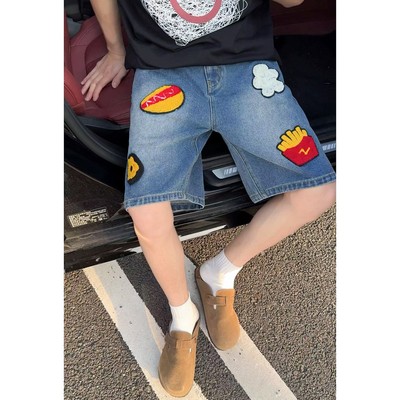 YorkZoom夏季新款oversize美式复古汉堡毛巾绣牛仔裤短裤男情侣