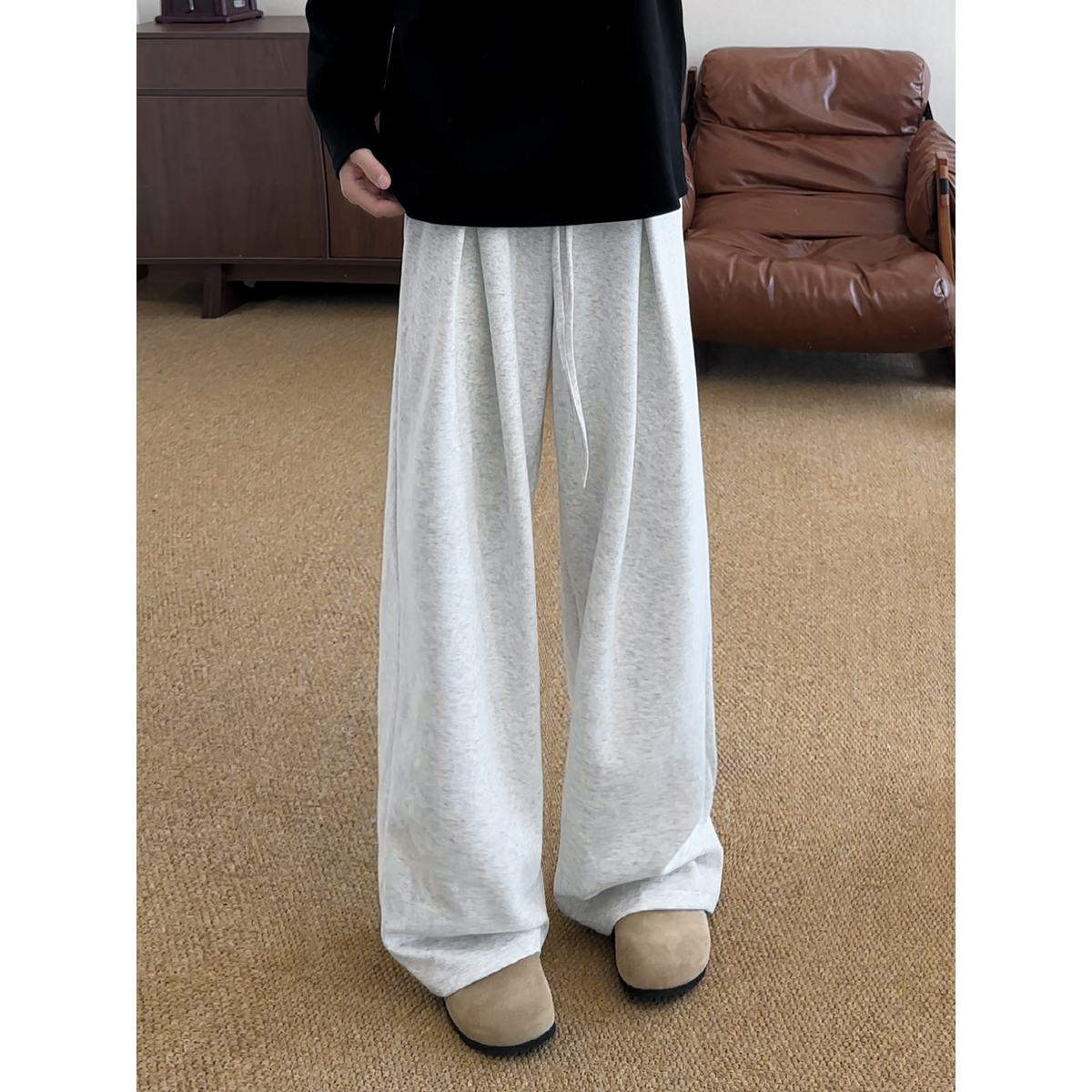 老钱风廓形加绒褶皱卫裤休闲长裤