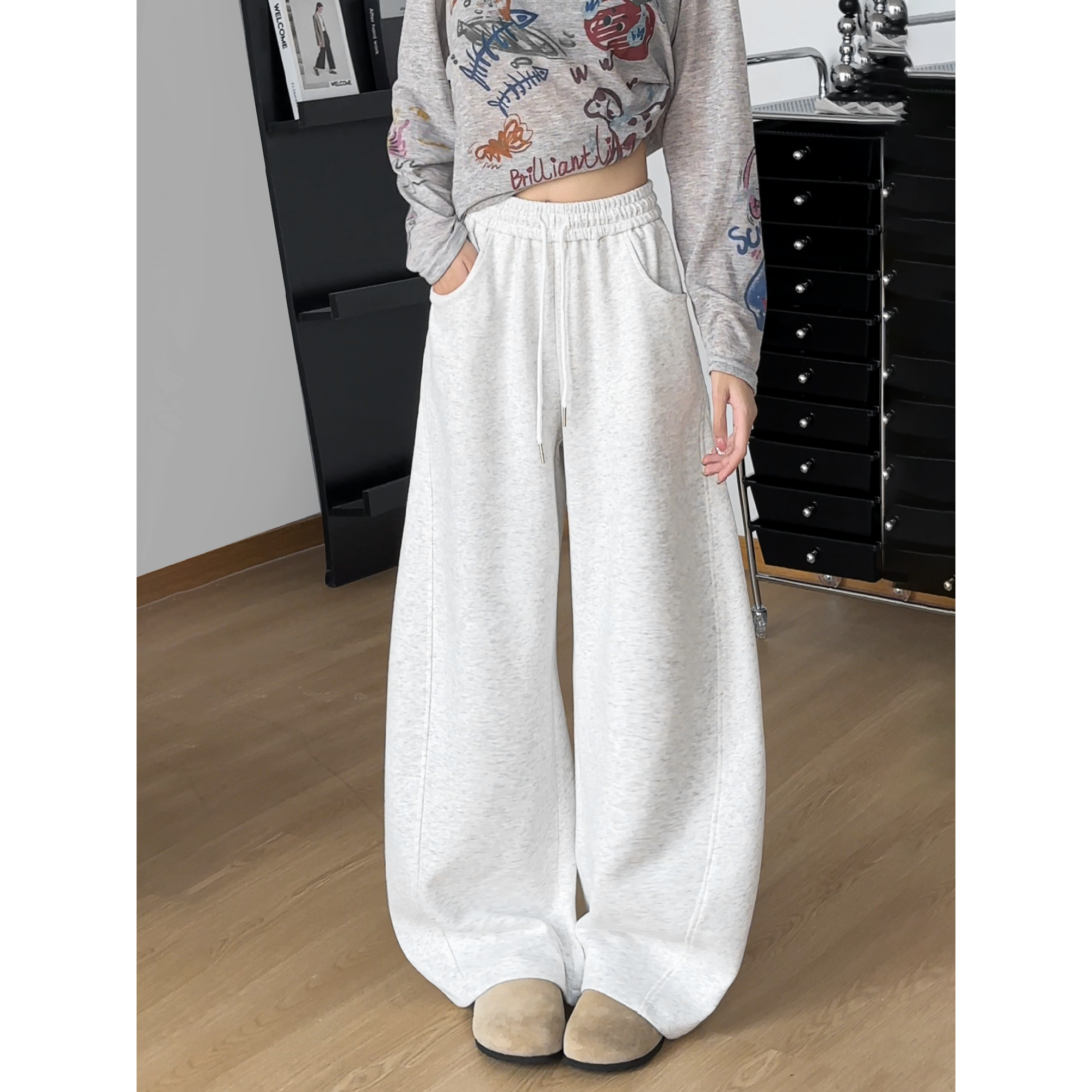 弯刀拖腿灰色卫裤男透气