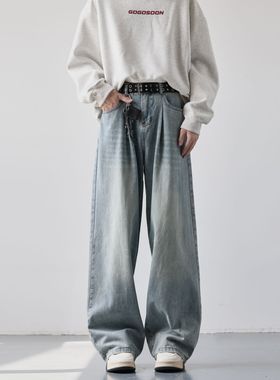 York Zoom秋季新款复古水洗阔腿裤废土风牛仔裤长裤男宽松百搭