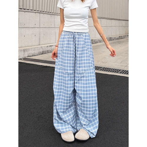 高腰显瘦复古格子阔腿裤女