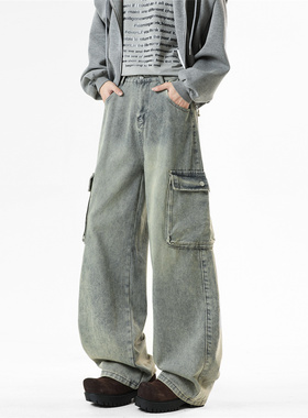 York Zoom秋季新款废土风破坏大口袋工装裤牛仔裤长裤男复古百搭