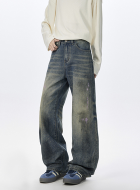 York Zoom重磅复古vintage水洗破坏做旧牛仔裤长裤美式宽松扎染