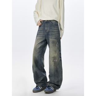York Zoom重磅复古vintage水洗破坏做旧牛仔裤长裤美式宽松扎染