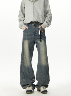 York Zoom秋季新品重工水洗弯刀牛仔裤长裤男女复古宽松阔型显高