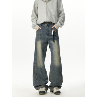 York Zoom秋季新品重工水洗弯刀牛仔裤长裤男女复古宽松阔型显高