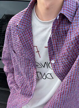 YorkZoom美式复古乌梅紫色衬衫格子长袖男宽松休闲百搭衬衣外套秋