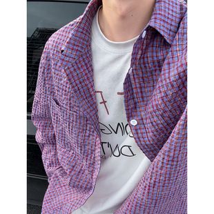 男宽松休闲百搭衬衣外套秋 格子长袖 YorkZoom美式 复古乌梅紫色衬衫